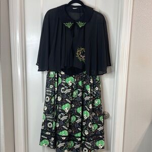 Hocus Pocus themed dress with a sheer cape featuring the Sanderson Sisters